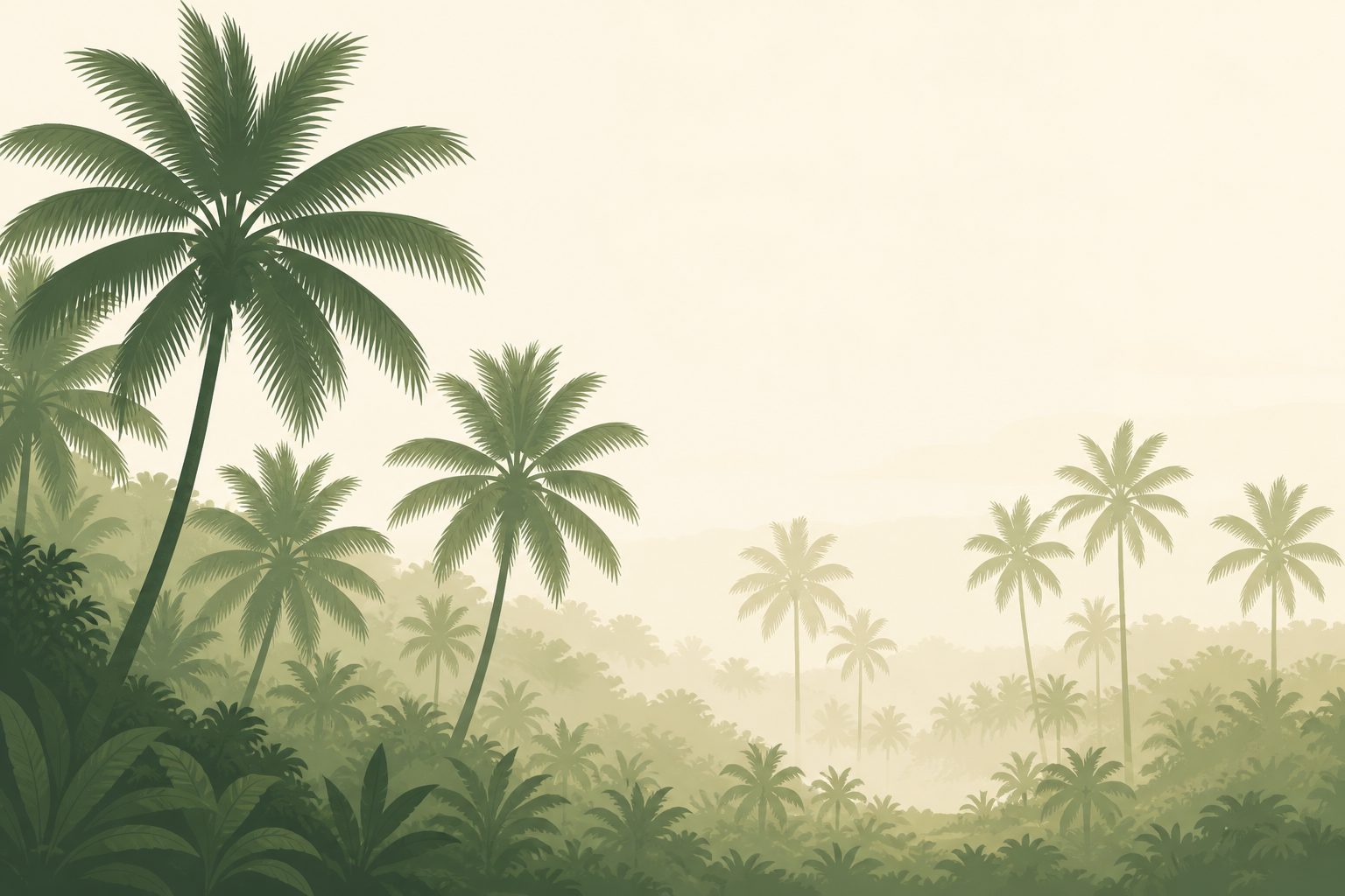 Coconut palms of the Pollachi grove in layered greens, dissolving into cream morning mist